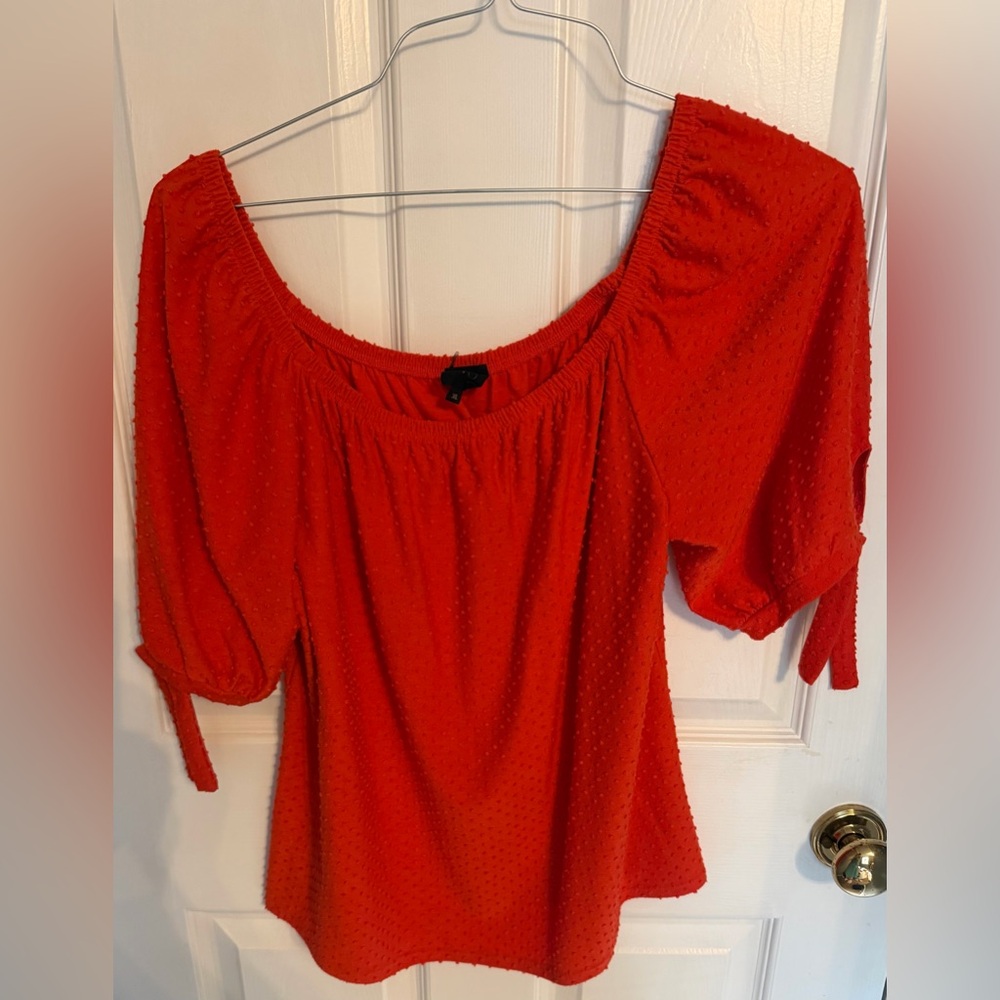 W5 Red polka dot Textured Peasant Blouse with Tie Sleeves